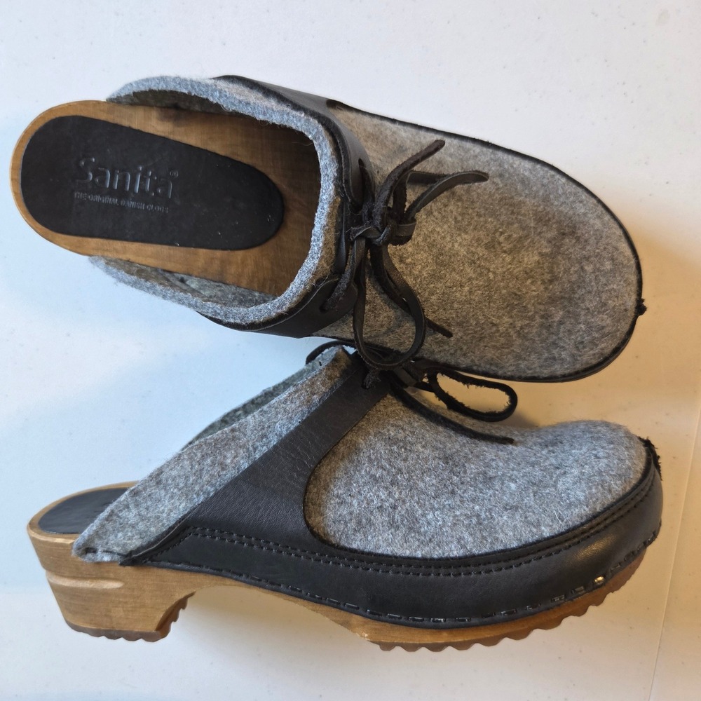 Sanita Grey Felt Leather Lace Up Wooden Clogs Mules Women 39 Nordic Boho